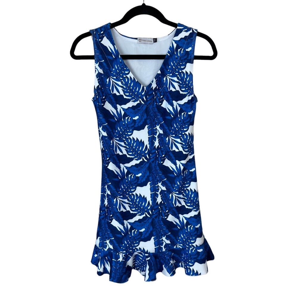 Tina + Jenna Leaf Print Dress XXS Ruffle Hem Sleeveless Blue White Vneck Mini